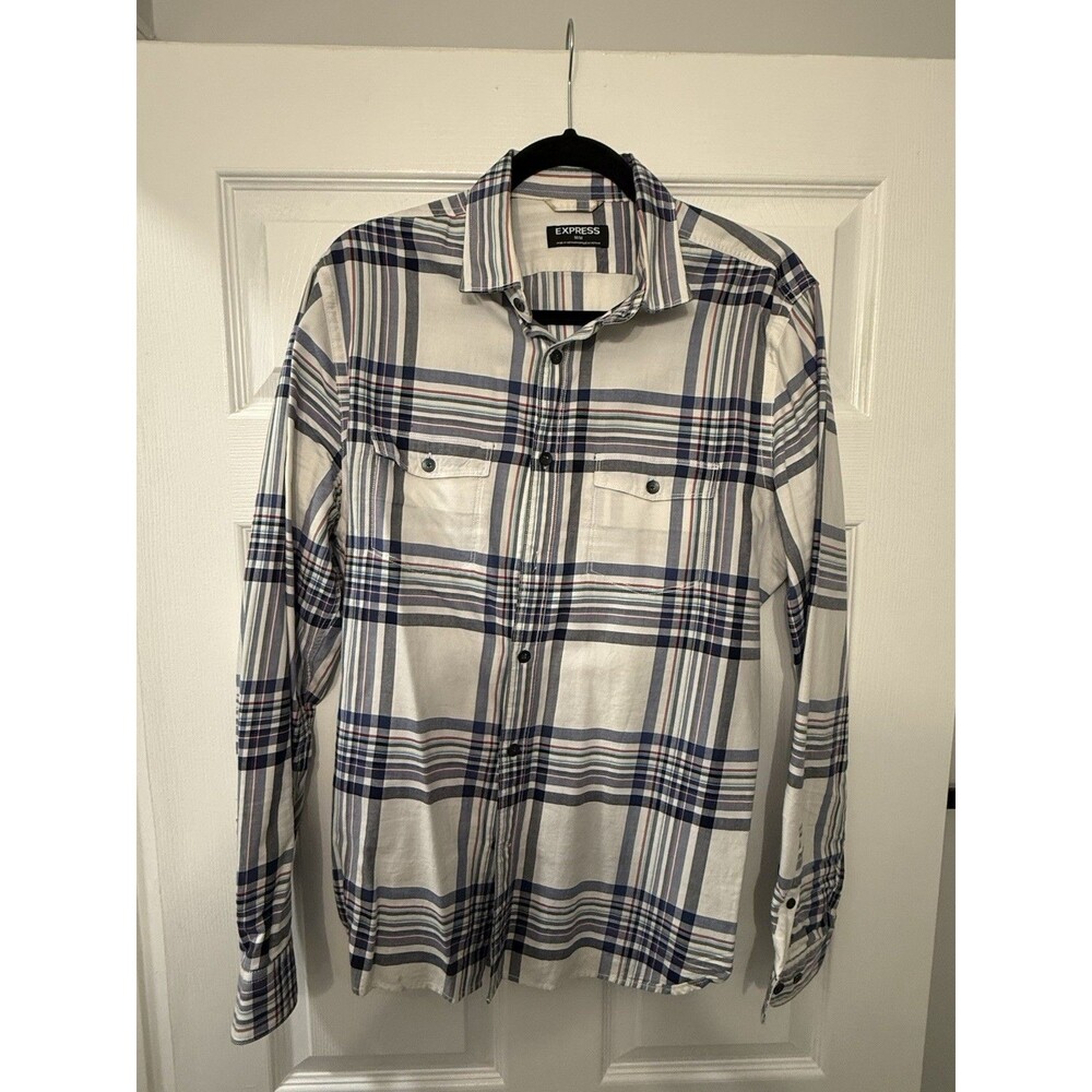 Express Men's Plaid Cotton Button-Up Shirt M White Blue Gray Long Sleeve Casual